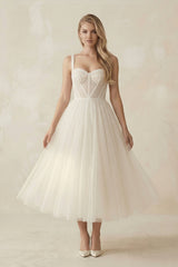 Sweetheart Polka Dot Tulle A - Line Corset Midi Wedding Dress in Ivory - KISS BRIDAL Wedding Dresses