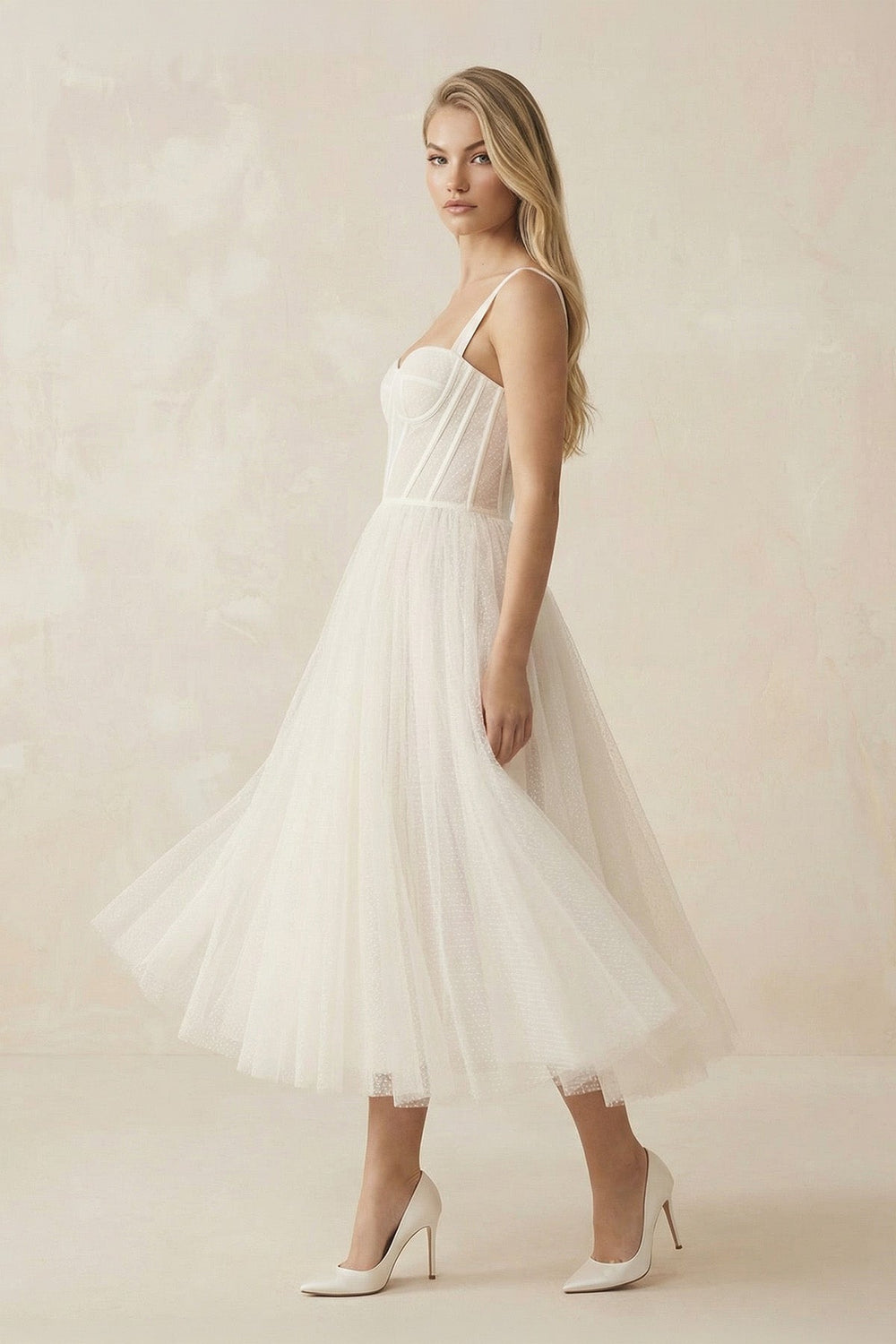 Sweetheart Polka Dot Tulle A - Line Corset Midi Wedding Dress in Ivory - KISS BRIDAL Wedding Dresses