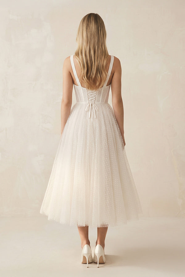 Sweetheart Polka Dot Tulle A - Line Corset Midi Wedding Dress in Ivory - KISS BRIDAL Wedding Dresses