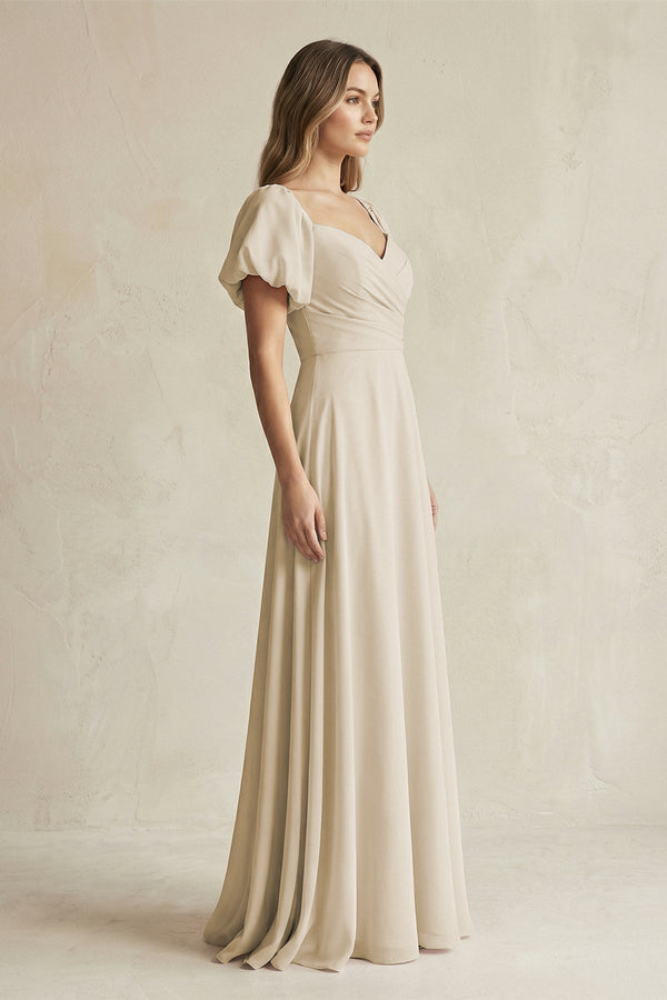 Sweetheart Puff Sleeve A-Line Chiffon Bridesmaid Dress in Champagne - KISS BRIDAL BRIDESMAID DRESSES