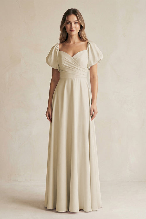 Sweetheart Puff Sleeve A-Line Chiffon Bridesmaid Dress in Champagne - KISS BRIDAL BRIDESMAID DRESSES