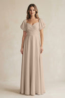 Sweetheart Puff Sleeve A - Line Chiffon Bridesmaid Dress in Almond - KISS BRIDAL Bridesmaid Dresses