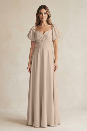 Sweetheart Puff Sleeve A - Line Chiffon Bridesmaid Dress in Almond - KISS BRIDAL Bridesmaid Dresses