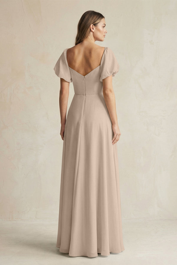 Sweetheart Puff Sleeve A - Line Chiffon Bridesmaid Dress in Almond - KISS BRIDAL Bridesmaid Dresses