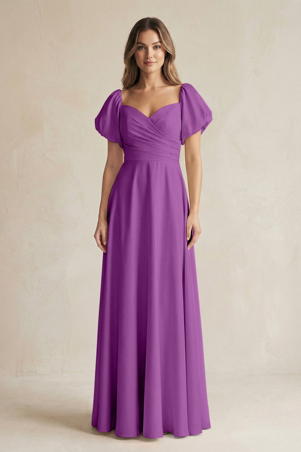 Sweetheart Puff Sleeve A - Line Chiffon Bridesmaid Dress in Amethyst - KISS BRIDAL Bridesmaid Dresses