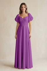 Sweetheart Puff Sleeve A - Line Chiffon Bridesmaid Dress in Amethyst - KISS BRIDAL Bridesmaid Dresses