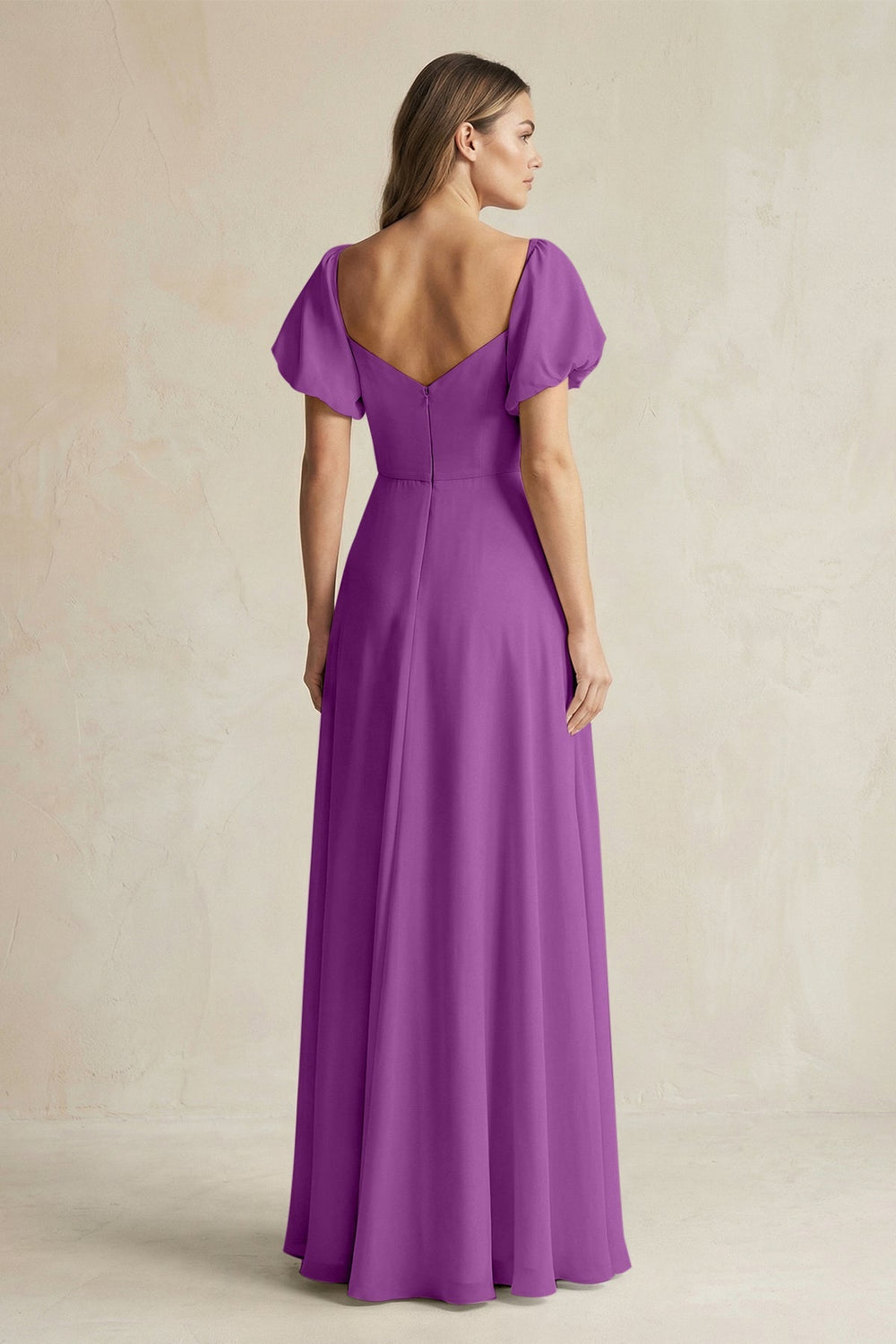Sweetheart Puff Sleeve A - Line Chiffon Bridesmaid Dress in Amethyst - KISS BRIDAL Bridesmaid Dresses