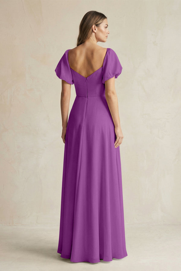 Sweetheart Puff Sleeve A - Line Chiffon Bridesmaid Dress in Amethyst - KISS BRIDAL Bridesmaid Dresses