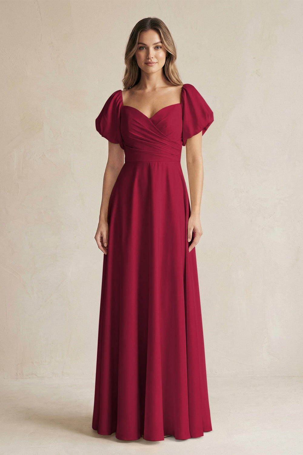 Sweetheart Puff Sleeve A - Line Chiffon Bridesmaid Dress in Berry - SHE IS ME Bridesmaid Dresses