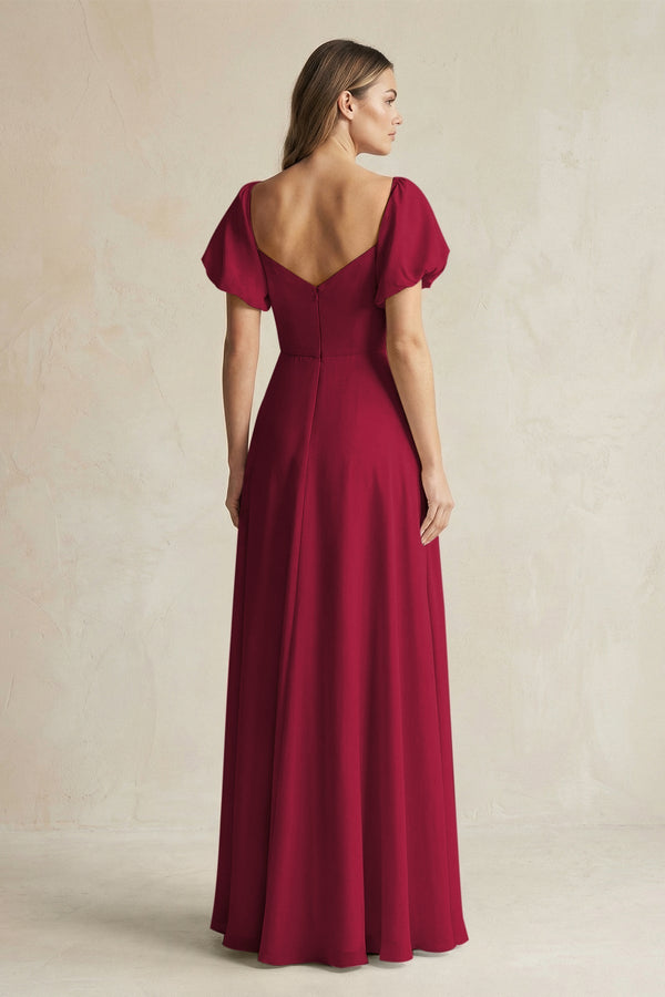 Sweetheart Puff Sleeve A - Line Chiffon Bridesmaid Dress in Berry - KISS BRIDAL Bridesmaid Dresses