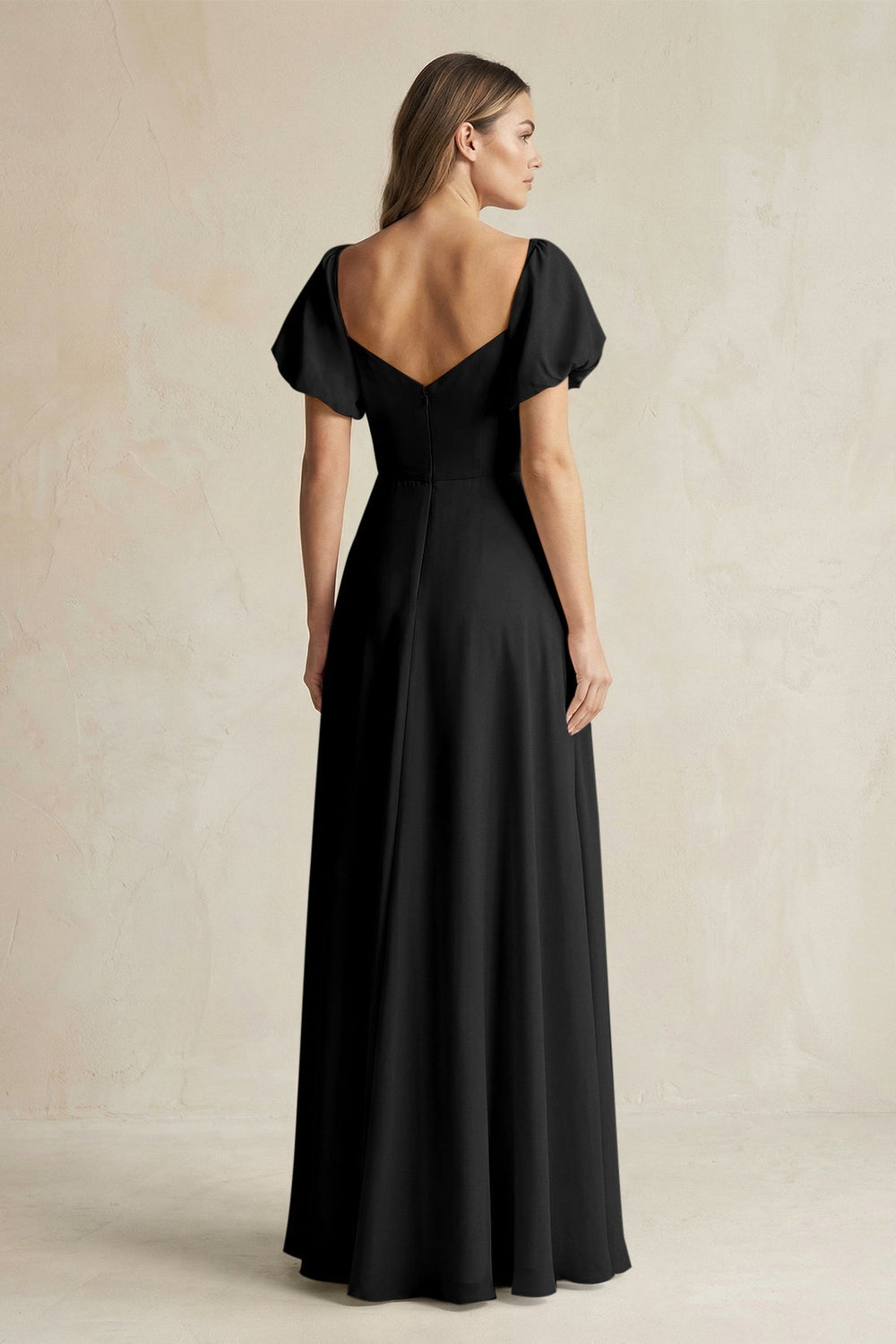 Sweetheart Puff Sleeve A - Line Chiffon Bridesmaid Dress in Black - KISS BRIDAL Bridesmaid Dresses