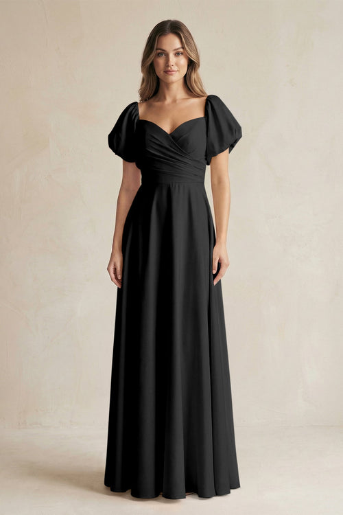 Sweetheart Puff Sleeve A - Line Chiffon Bridesmaid Dress in Black - KISS BRIDAL Bridesmaid Dresses