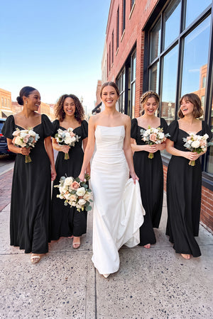 Sweetheart Puff Sleeve A - Line Chiffon Bridesmaid Dress in Black - KISS BRIDAL Bridesmaid Dresses