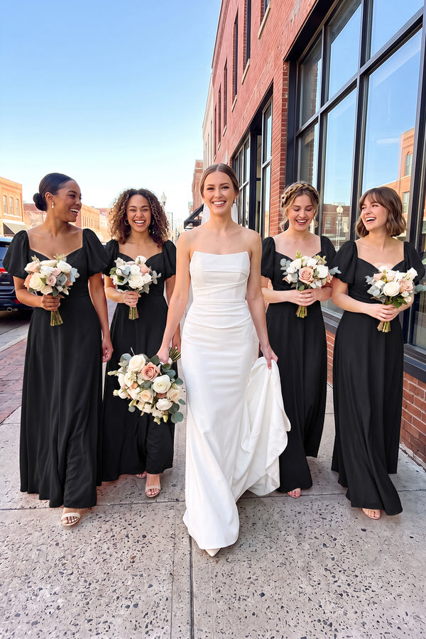 Sweetheart Puff Sleeve A - Line Chiffon Bridesmaid Dress in Black - KISS BRIDAL Bridesmaid Dresses