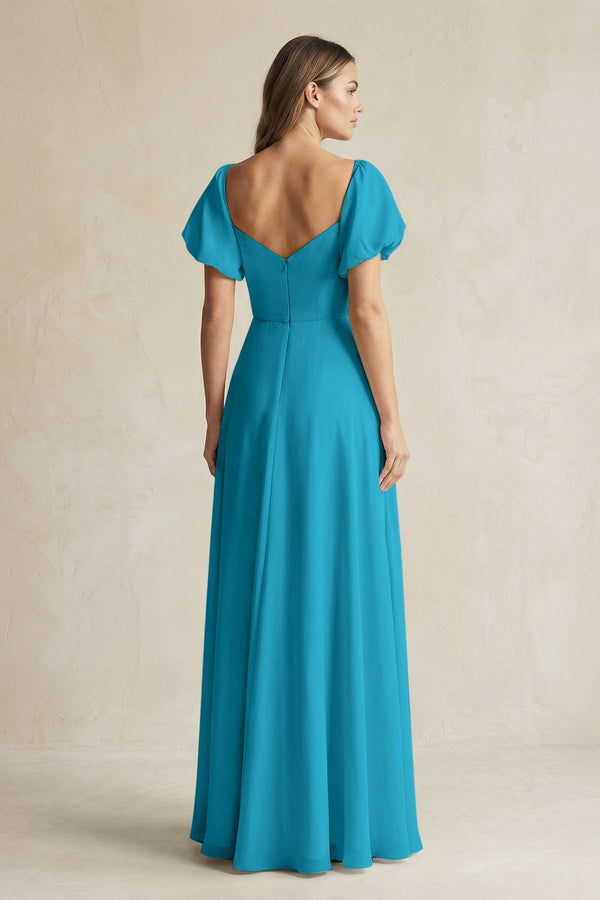 Sweetheart Puff Sleeve A - Line Chiffon Bridesmaid Dress in Blue Jay - SHE IS ME Bridesmaid Dresses