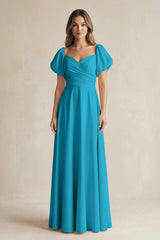 Sweetheart Puff Sleeve A - Line Chiffon Bridesmaid Dress in Blue Jay - KISS BRIDAL Bridesmaid Dresses