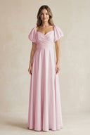 Sweetheart Puff Sleeve A - Line Chiffon Bridesmaid Dress in Candy Pink - KISS BRIDAL Bridesmaid Dresses