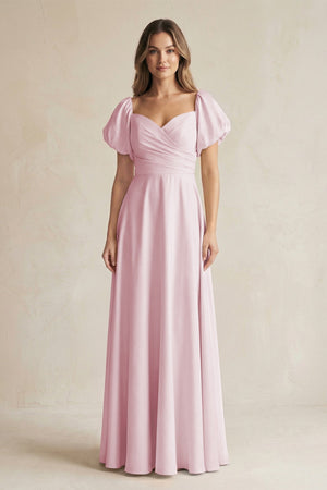 Sweetheart Puff Sleeve A - Line Chiffon Bridesmaid Dress in Candy Pink - KISS BRIDAL Bridesmaid Dresses