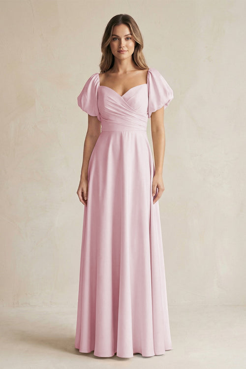 Sweetheart Puff Sleeve A - Line Chiffon Bridesmaid Dress in Candy Pink - KISS BRIDAL Bridesmaid Dresses