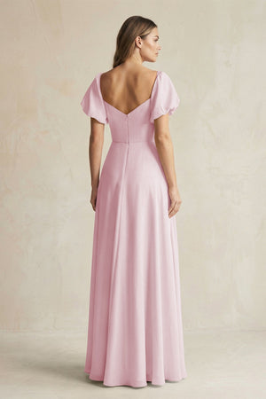 Sweetheart Puff Sleeve A - Line Chiffon Bridesmaid Dress in Candy Pink - KISS BRIDAL Bridesmaid Dresses