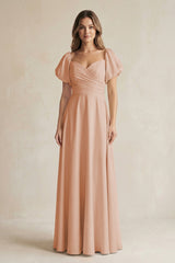 Sweetheart Puff Sleeve A - Line Chiffon Bridesmaid Dress in Champagne Rose - KISS BRIDAL Bridesmaid Dresses