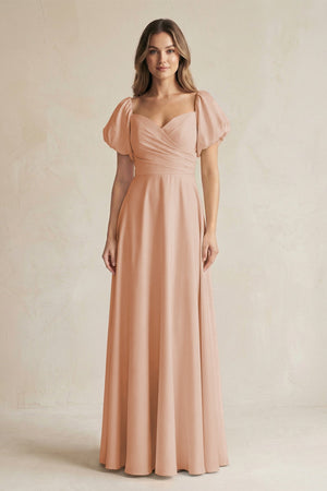 Sweetheart Puff Sleeve A - Line Chiffon Bridesmaid Dress in Champagne Rose - KISS BRIDAL Bridesmaid Dresses
