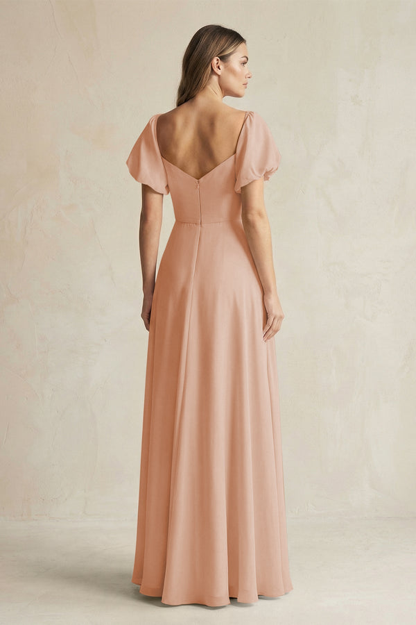 Sweetheart Puff Sleeve A - Line Chiffon Bridesmaid Dress in Champagne Rose - KISS BRIDAL Bridesmaid Dresses