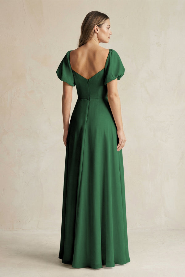 Sweetheart Puff Sleeve A - Line Chiffon Bridesmaid Dress in Dark Green - SHE IS ME Bridesmaid Dresses
