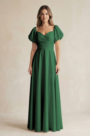 Sweetheart Puff Sleeve A - Line Chiffon Bridesmaid Dress in Dark Green - SHE IS ME Bridesmaid Dresses