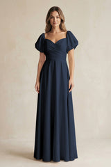 Sweetheart Puff Sleeve A - Line Chiffon Bridesmaid Dress in Dark Navy - KISS BRIDAL Bridesmaid Dresses