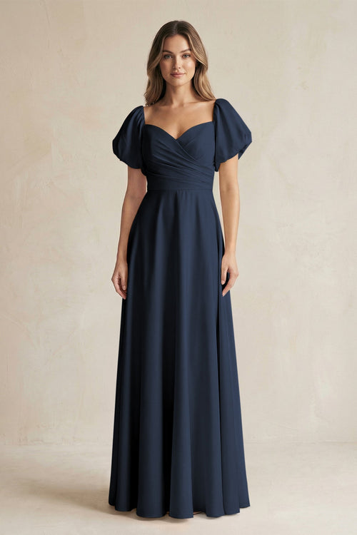 Sweetheart Puff Sleeve A - Line Chiffon Bridesmaid Dress in Dark Navy - KISS BRIDAL Bridesmaid Dresses