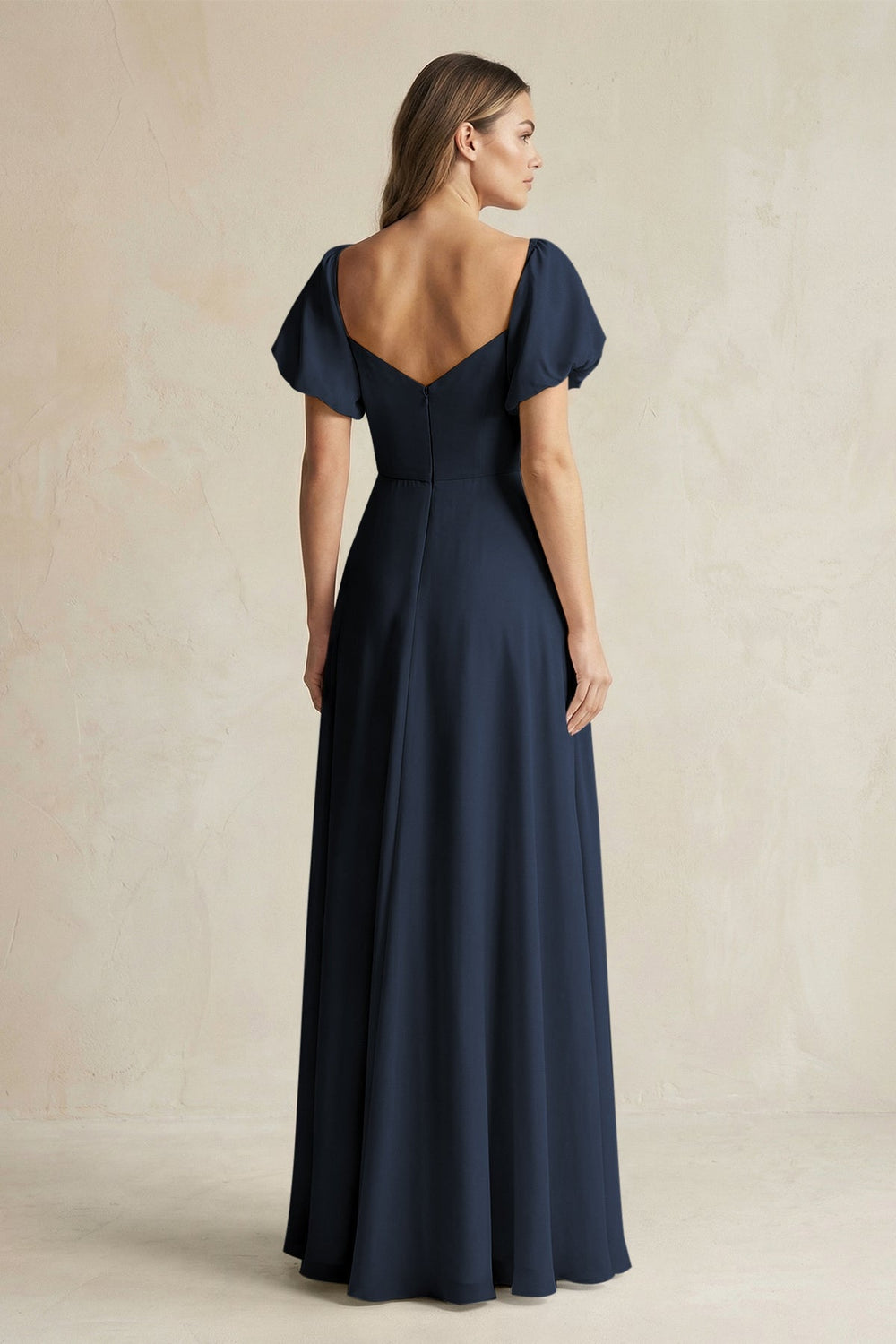 Sweetheart Puff Sleeve A - Line Chiffon Bridesmaid Dress in Dark Navy - KISS BRIDAL Bridesmaid Dresses