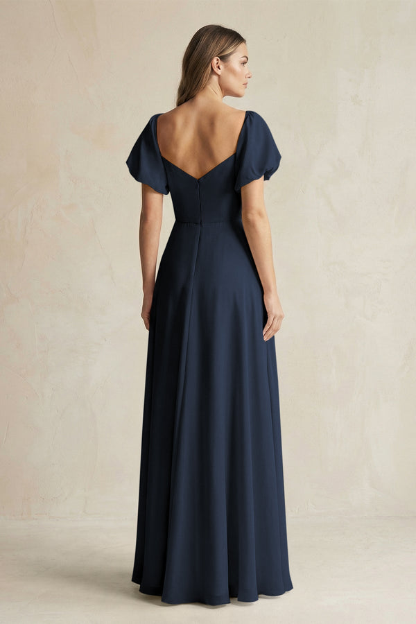 Sweetheart Puff Sleeve A - Line Chiffon Bridesmaid Dress in Dark Navy - KISS BRIDAL Bridesmaid Dresses
