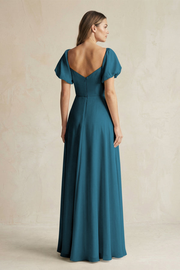 Sweetheart Puff Sleeve A - Line Chiffon Bridesmaid Dress in Dark Teal - SHE IS ME Bridesmaid Dresses