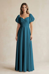 Sweetheart Puff Sleeve A - Line Chiffon Bridesmaid Dress in Dark Teal - KISS BRIDAL Bridesmaid Dresses