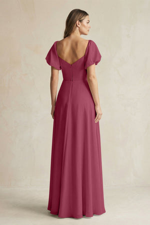 Sweetheart Puff Sleeve A - Line Chiffon Bridesmaid Dress in Desert Rose - KISS BRIDAL Bridesmaid Dresses