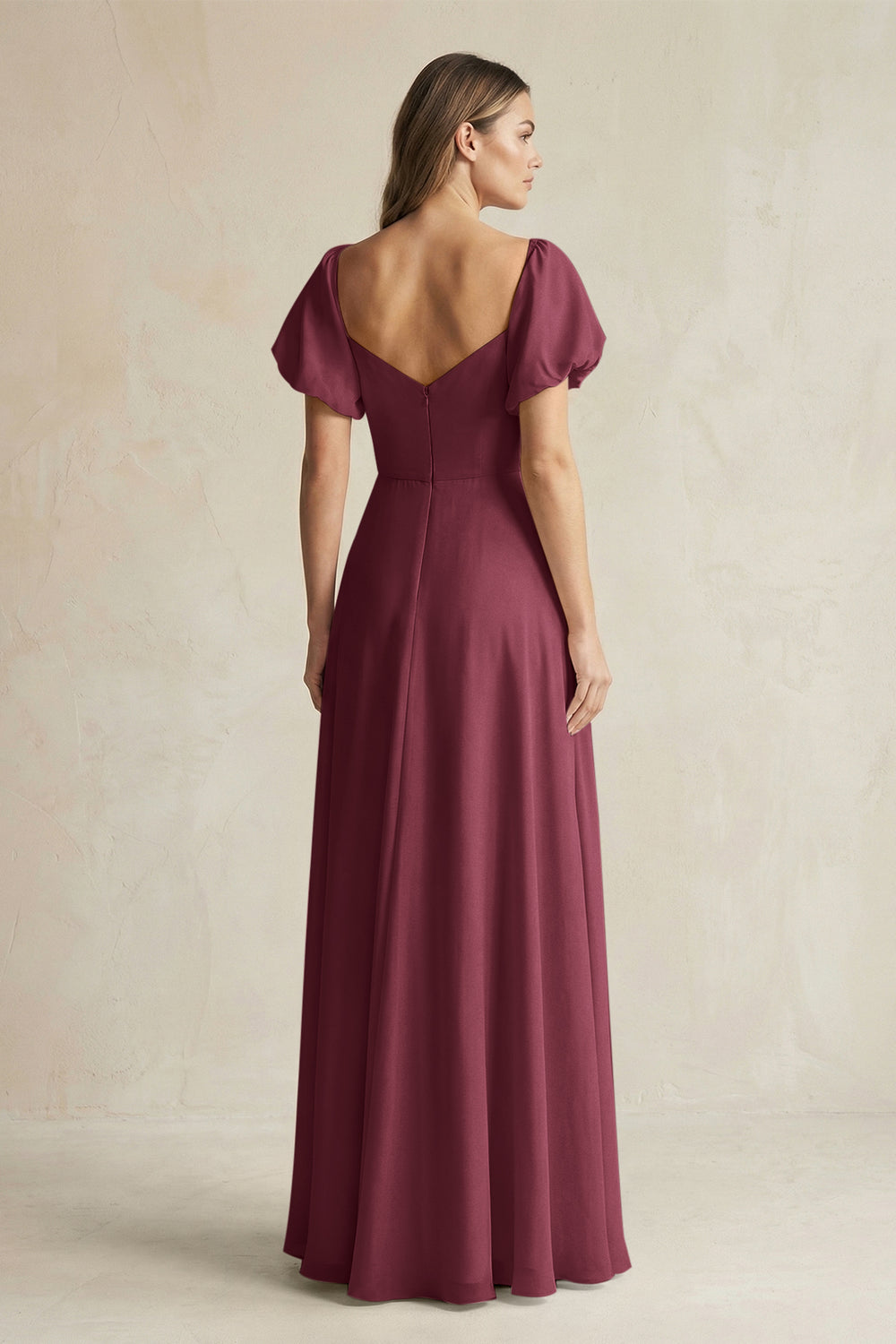 Sweetheart Puff Sleeve A-Line Chiffon Bridesmaid Dress in Desert Rose