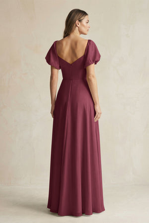 Sweetheart Puff Sleeve A-Line Chiffon Bridesmaid Dress in Desert Rose (2) | KISSBRIDAL
