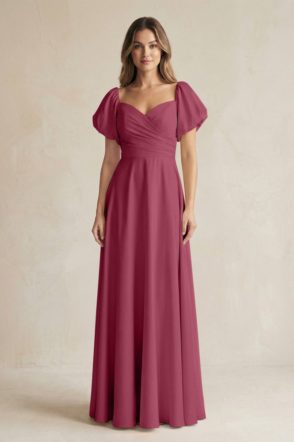 Sweetheart Puff Sleeve A - Line Chiffon Bridesmaid Dress in Desert Rose - KISS BRIDAL Bridesmaid Dresses