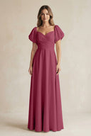 Sweetheart Puff Sleeve A - Line Chiffon Bridesmaid Dress in Desert Rose - KISS BRIDAL Bridesmaid Dresses