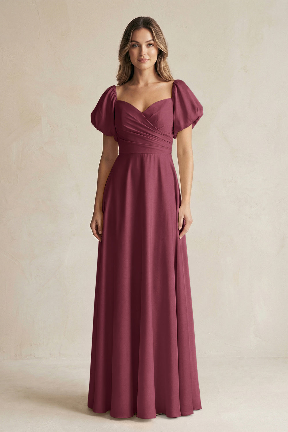 Sweetheart Puff Sleeve A-Line Chiffon Bridesmaid Dress in Desert Rose