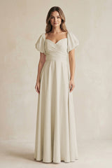 Sweetheart Puff Sleeve A - Line Chiffon Bridesmaid Dress in Dove Gray - KISS BRIDAL Bridesmaid Dresses