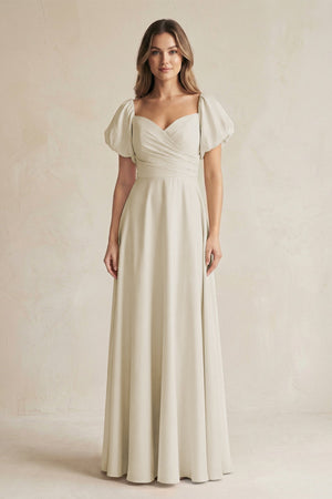Sweetheart Puff Sleeve A - Line Chiffon Bridesmaid Dress in Dove Gray - SHE IS ME Bridesmaid Dresses
