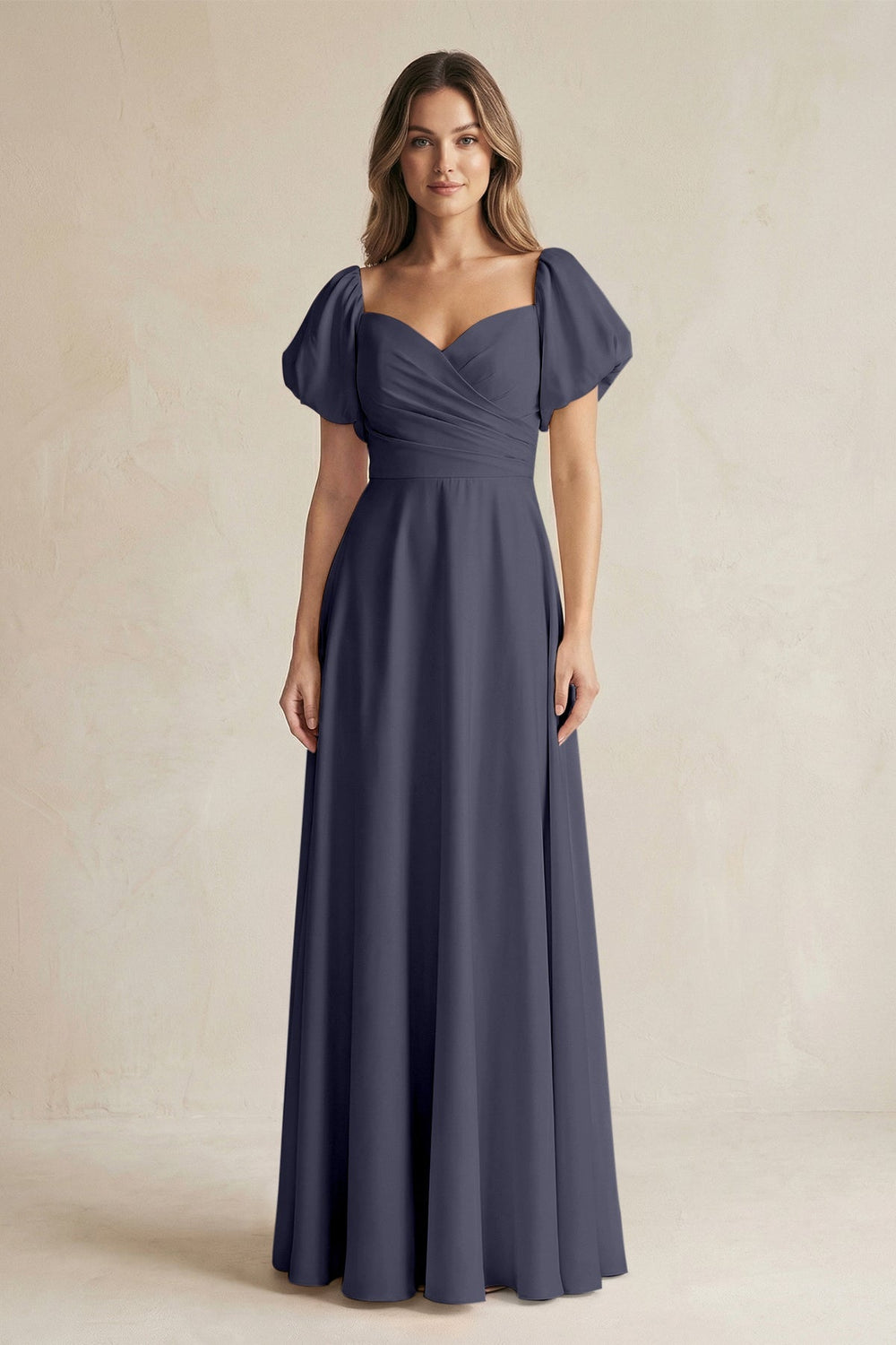 Sweetheart Puff Sleeve A - Line Chiffon Bridesmaid Dress in Dusk Blue - KISS BRIDAL Bridesmaid Dresses