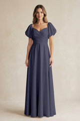 Sweetheart Puff Sleeve A - Line Chiffon Bridesmaid Dress in Dusk Blue - KISS BRIDAL Bridesmaid Dresses
