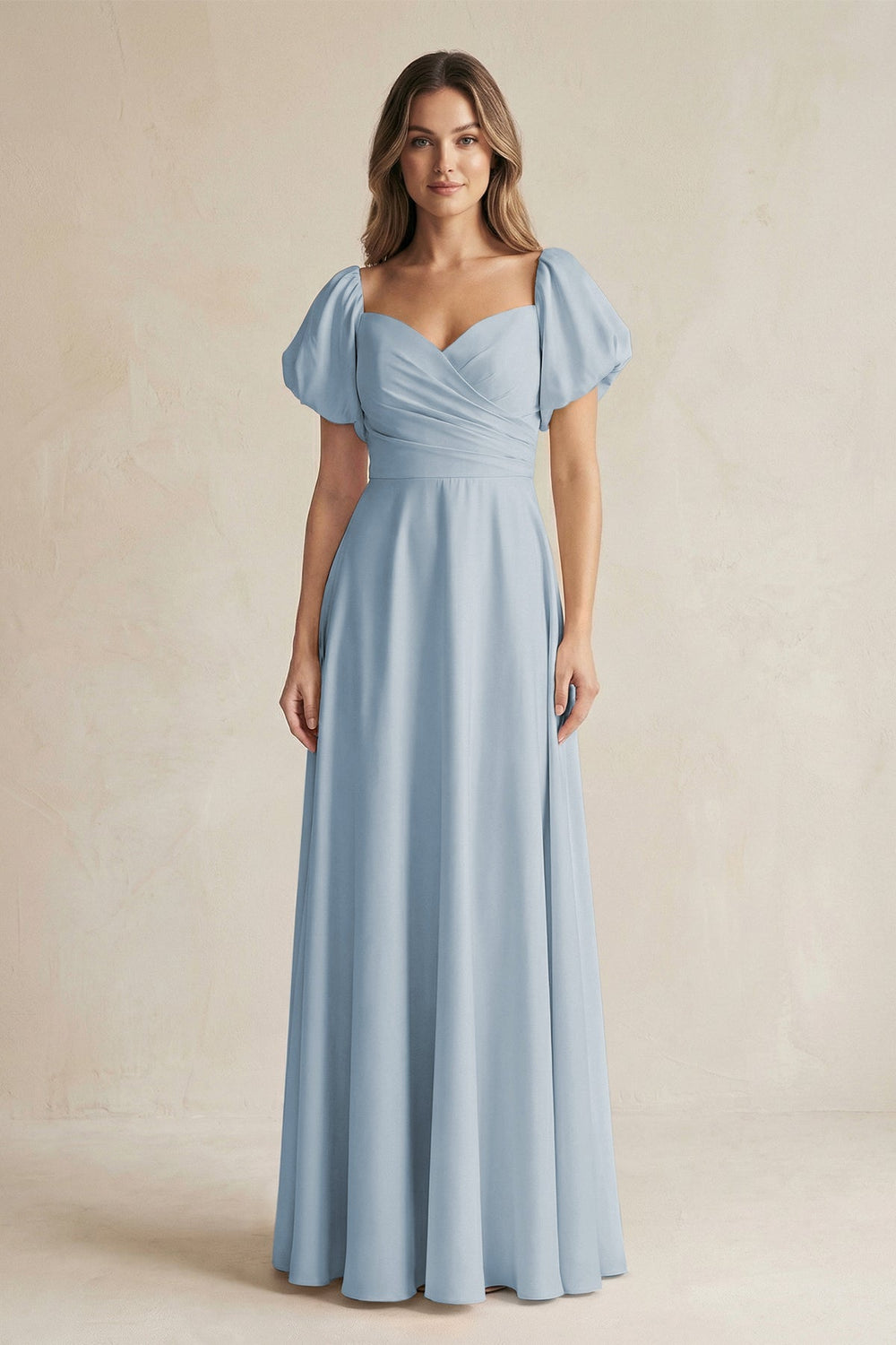 Sweetheart Puff Sleeve A - Line Chiffon Bridesmaid Dress in Dusty Blue - SHE IS ME Bridesmaid Dresses