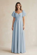 Sweetheart Puff Sleeve A - Line Chiffon Bridesmaid Dress in Dusty Blue - SHE IS ME Bridesmaid Dresses