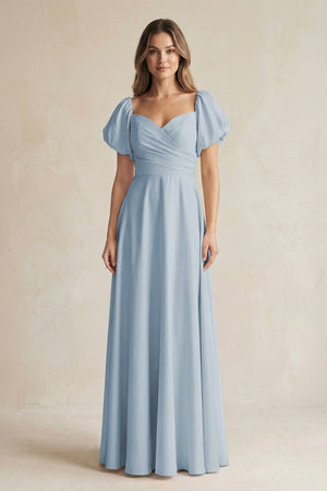 Sweetheart Puff Sleeve A - Line Chiffon Bridesmaid Dress in Dusty Blue - SHE IS ME Bridesmaid Dresses