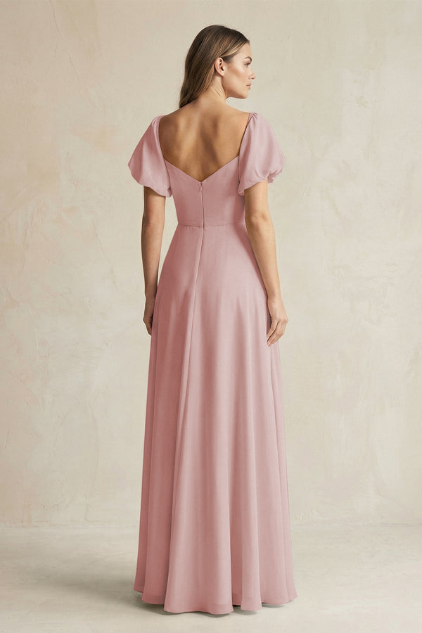Sweetheart Puff Sleeve A - Line Chiffon Bridesmaid Dress in Dusty Rose - SHE IS ME Bridesmaid Dresses