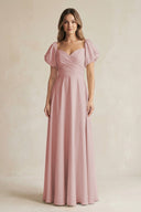 Sweetheart Puff Sleeve A - Line Chiffon Bridesmaid Dress in Dusty Rose - SHE IS ME Bridesmaid Dresses